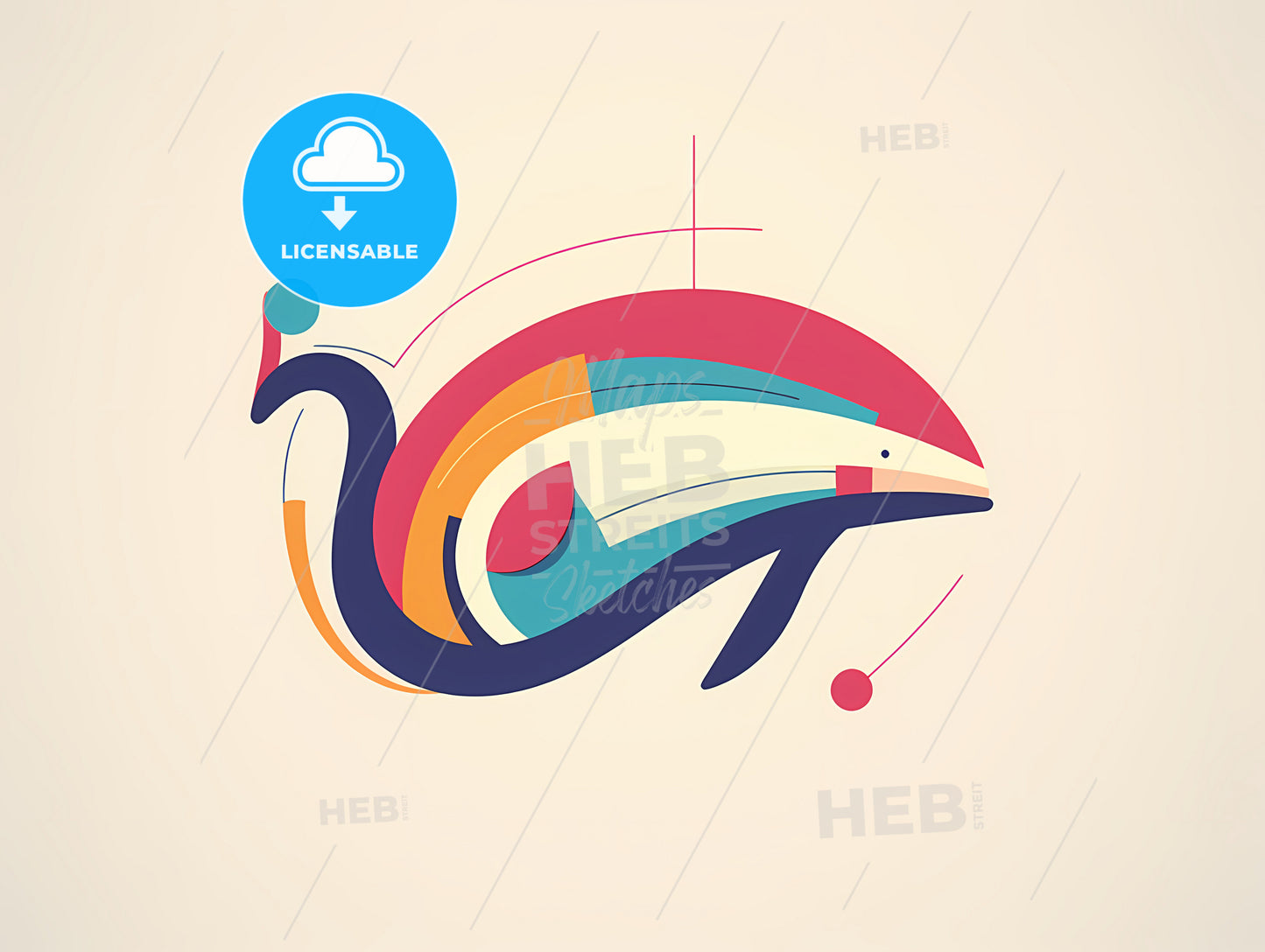 Minimalist Whale Line Art, A Colorful Whale With A Bird And A Cross