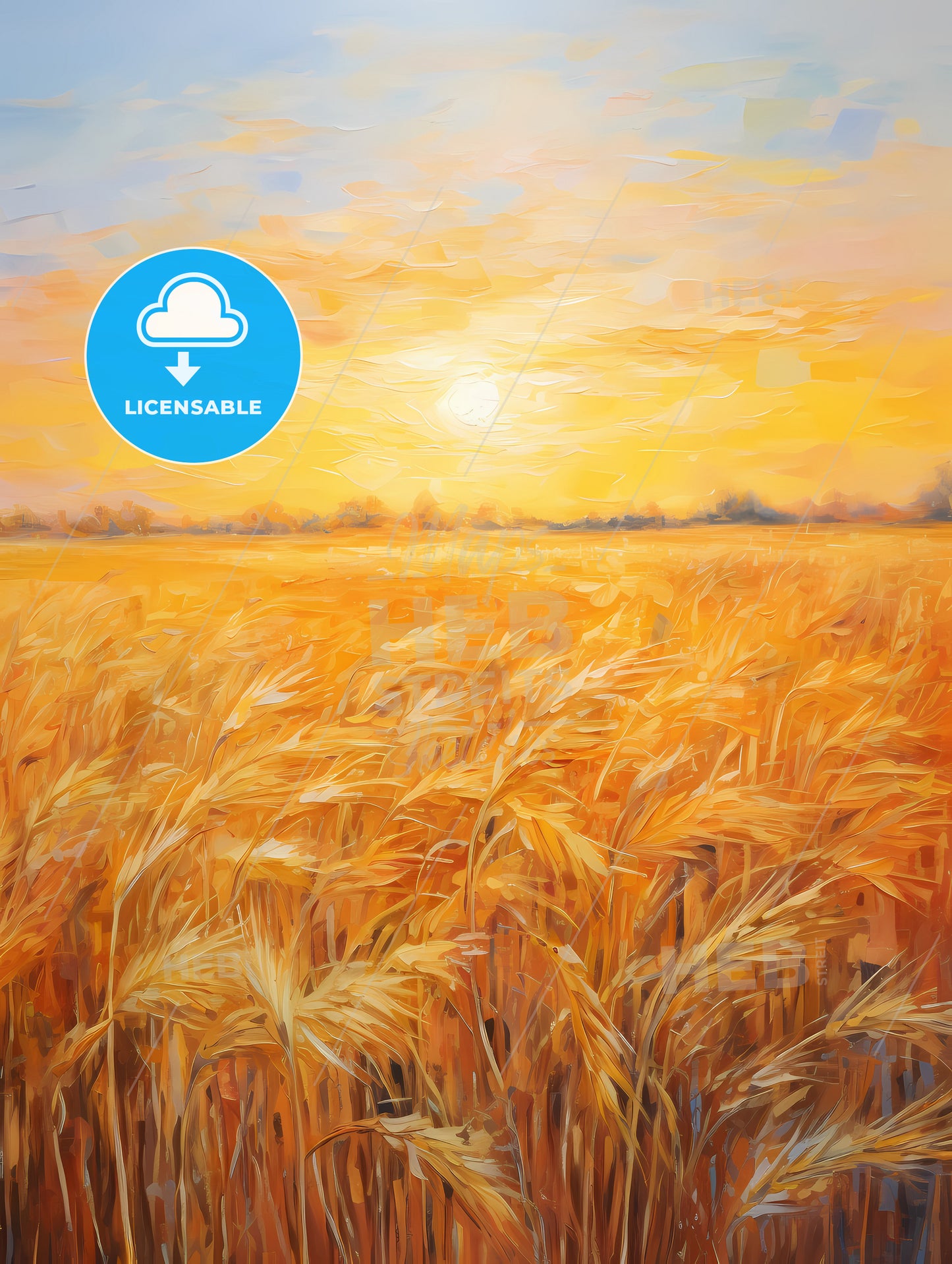 An Impressionist Oil Painting, A Field Of Wheat With The Sun Setting Behind It