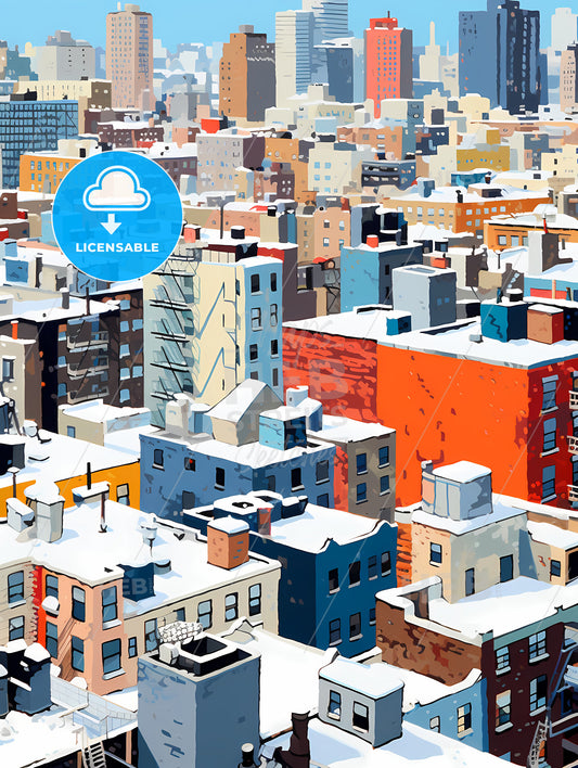 Snowy Urban Roofs Of New York City, A City With Many Buildings Covered In Snow