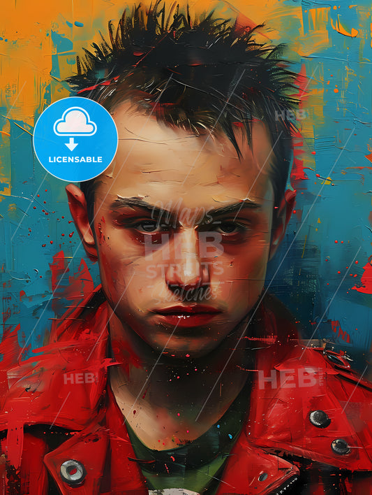 Travis Bickle Portrait With Colorful Background, A Man With Spiky Hair Wearing A Red Jacket
