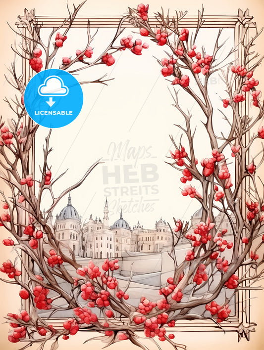 Holiday Frame Made From Christmas Tree, A Drawing Of A Tree With Red Berries