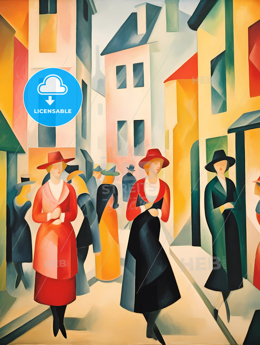 If August Macke Was A Photographer, A Group Of Women In Red And Black Dresses Walking Down A Street