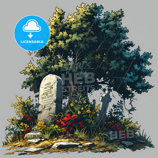 Set Of Vibrant And Expressive Stickers, A Tree And A Tombstone