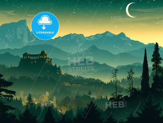 Vector Flat Travel Background, A Landscape Of Mountains And A Building