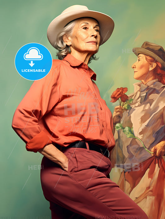 Woman In Her 70S Wearing Stylish Casual Clothes, A Woman In A Cowboy Hat