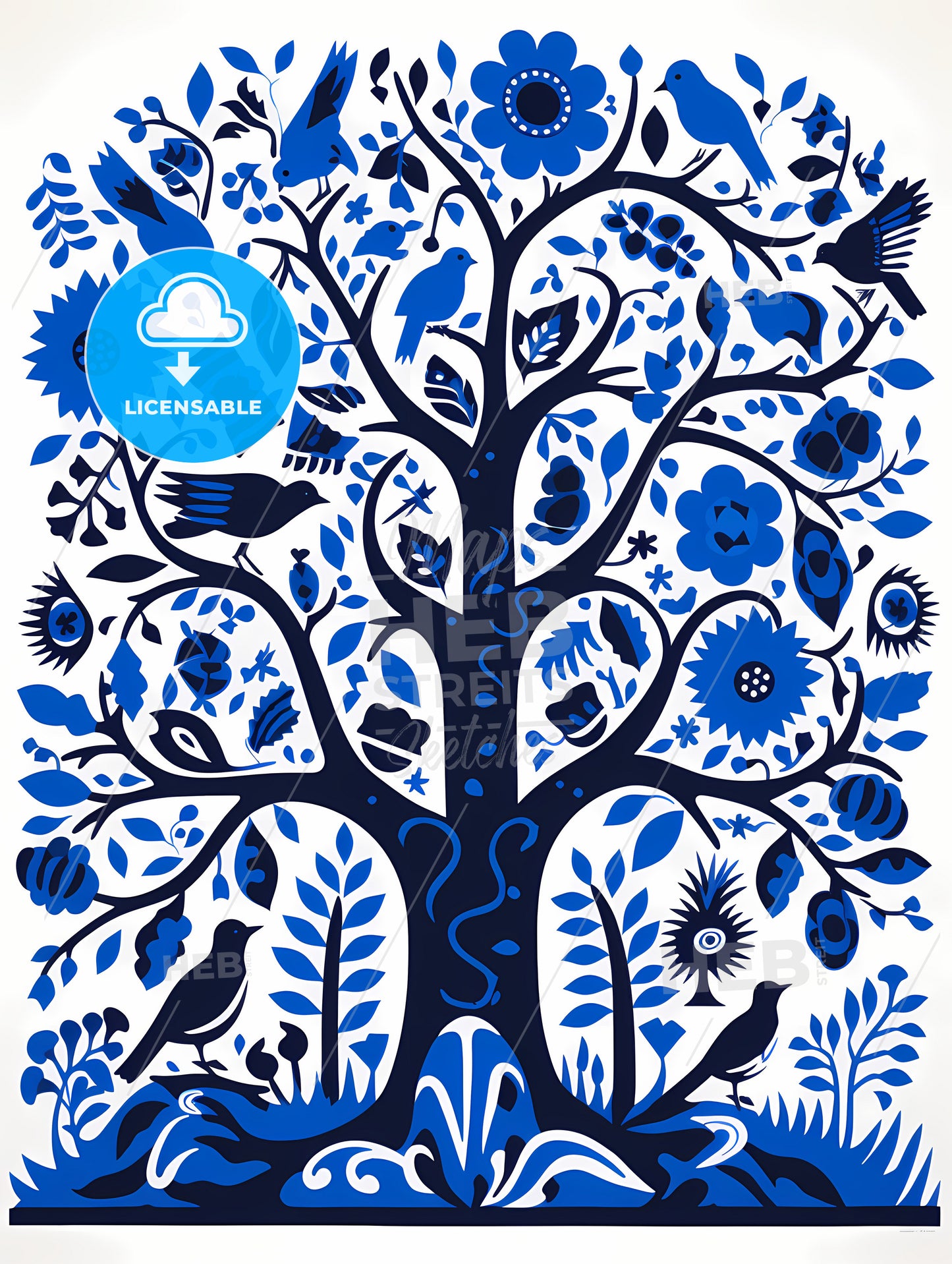 Silkscreened Stencil, A Blue And White Tree With Birds And Flowers