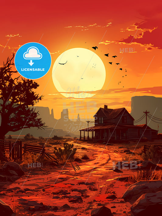 Winter Desert Day Landscape, A House In A Desert With A Sunset