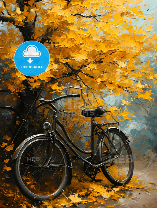 An Oil Painting Of A Bicycle Against A Yellow Tree, A Bicycle Parked Next To A Tree