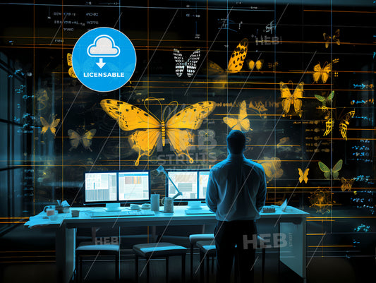 Data Scientists Are In The Laboratory, A Man Standing In Front Of A Large Wall With Butterflies