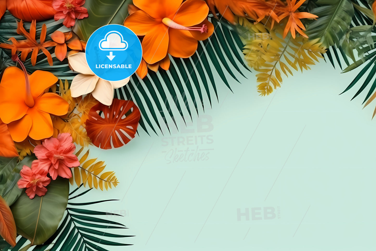 Summer Background With Copy Space, A Group Of Flowers And Leaves