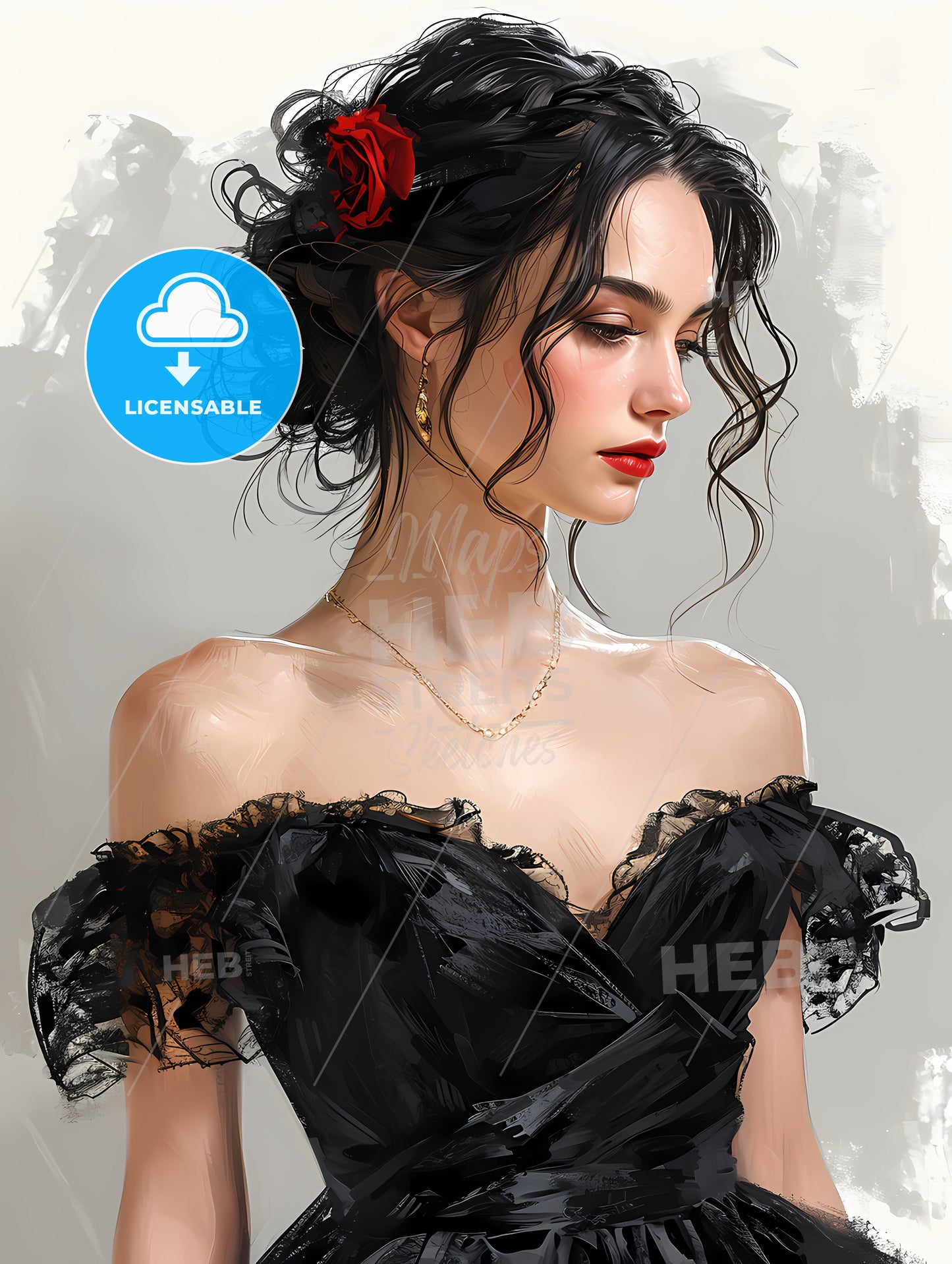 Hand Drawn Black And White Fashion Sketch, A Woman In A Black Dress