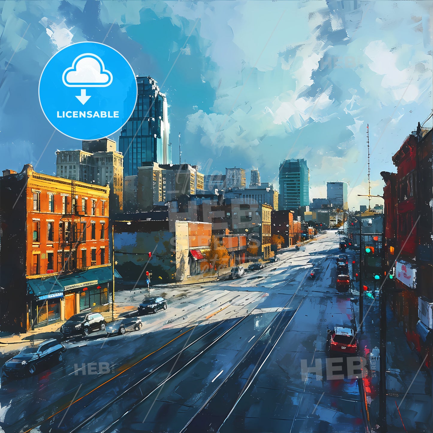 Kansas City Missouri Art Sketch City View, A City Street With Cars And Buildings