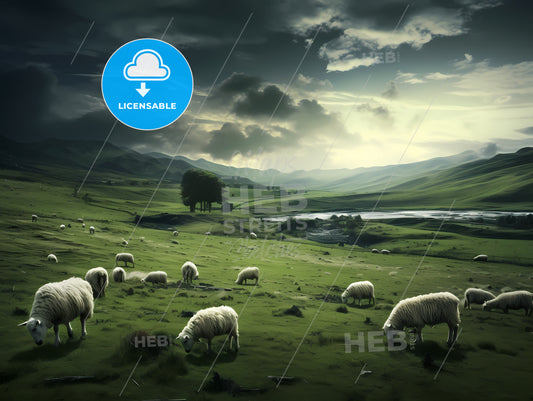 In A Vast Grassland, A Herd Of Sheep Grazing On A Grassy Field