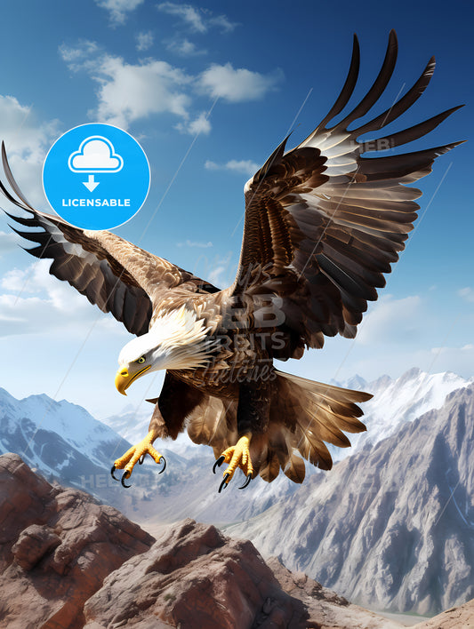 An Eagle Flying Upward, A Bald Eagle Flying Over Mountains