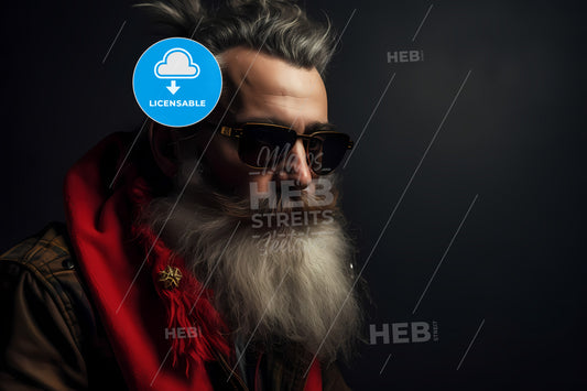 Portrait Of A Stylish Punk Santa, A Man With A Long Beard And Sunglasses