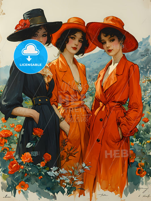 Vintage Cut-Out-And-Keep Fashion, A Group Of Women In Orange Coats And Hats Posing For A Picture