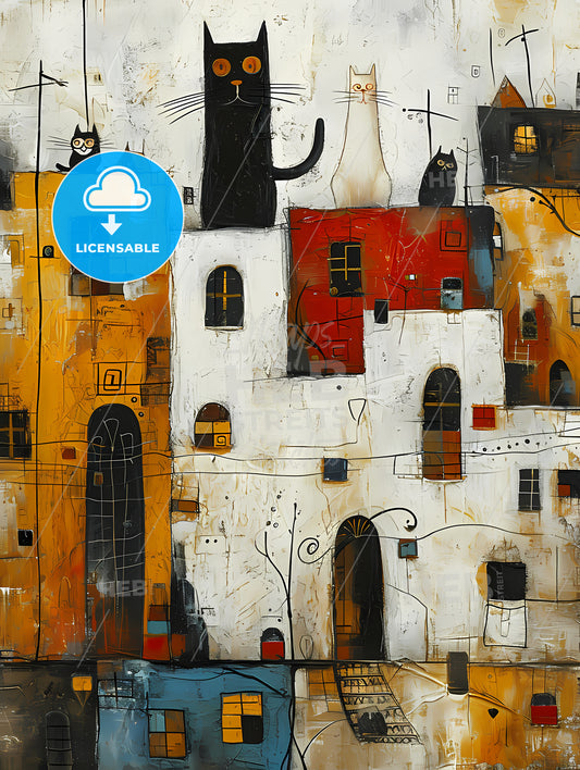 Cats Eclectic Squares On A White Background, A Painting Of A City With Cats On It