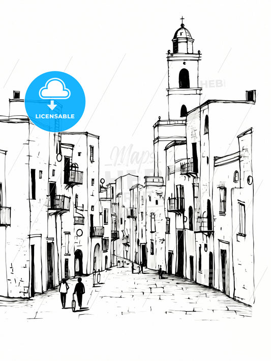 Trapani Tp City Center And Some People, A Drawing Of A Street With Buildings