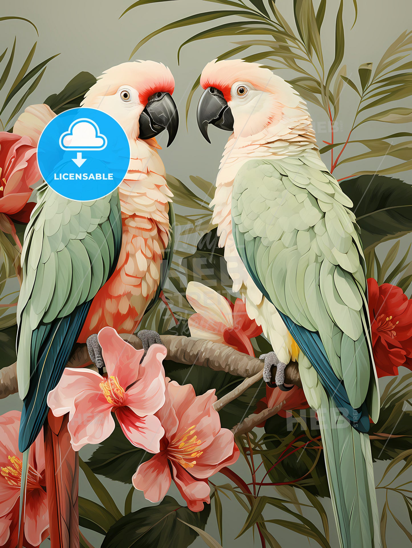 Green Palm Leaves, Two Parrots On A Branch With Flowers