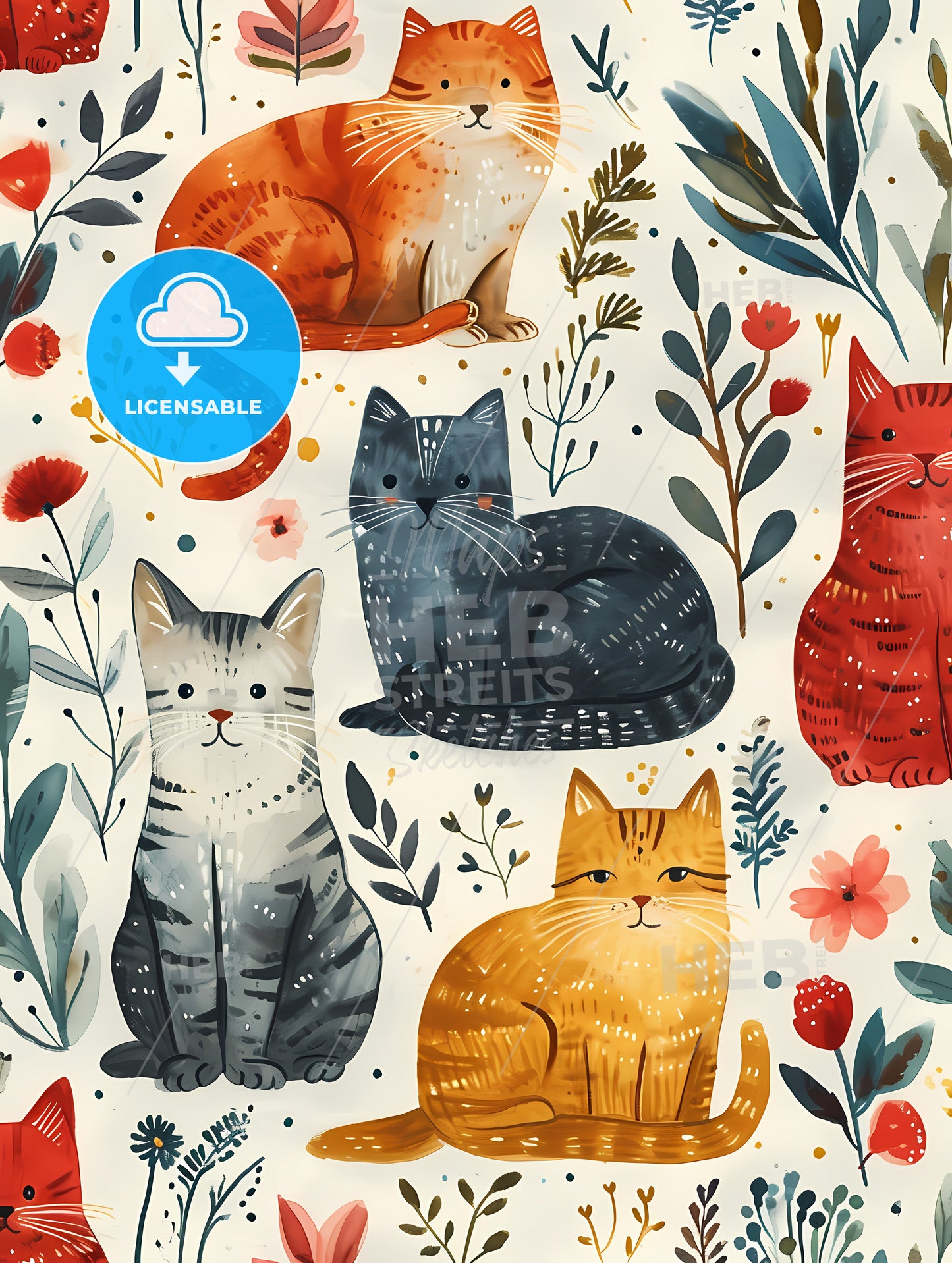 Cats Eclectic Squares On A White Background, A Pattern Of Cats And Flowers