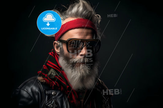 Portrait Of A Stylish Punk Santa, A Man With A Beard And Sunglasses