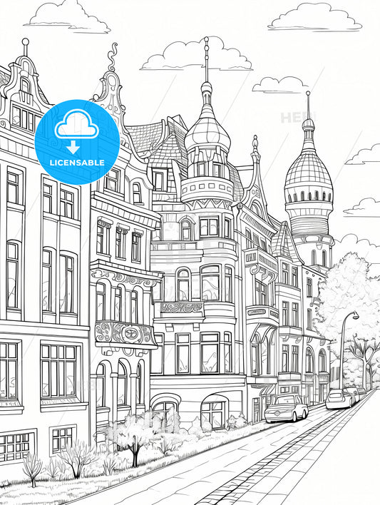 Berlin Houses Coloring Page, A Drawing Of A Street With Buildings And Cars