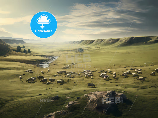 In A Vast Grassland, A Herd Of Sheep Grazing In A Grassy Field