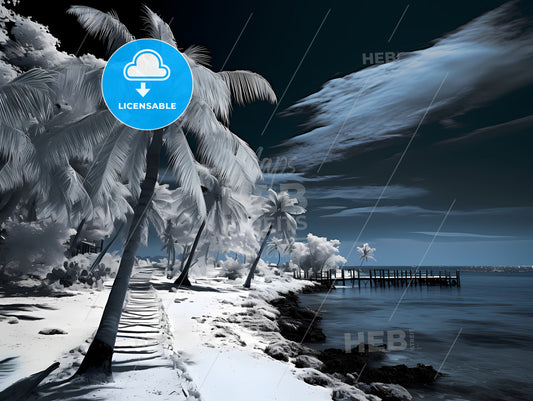 A Black Sun In A White Night, A Beach With Palm Trees And A Dock