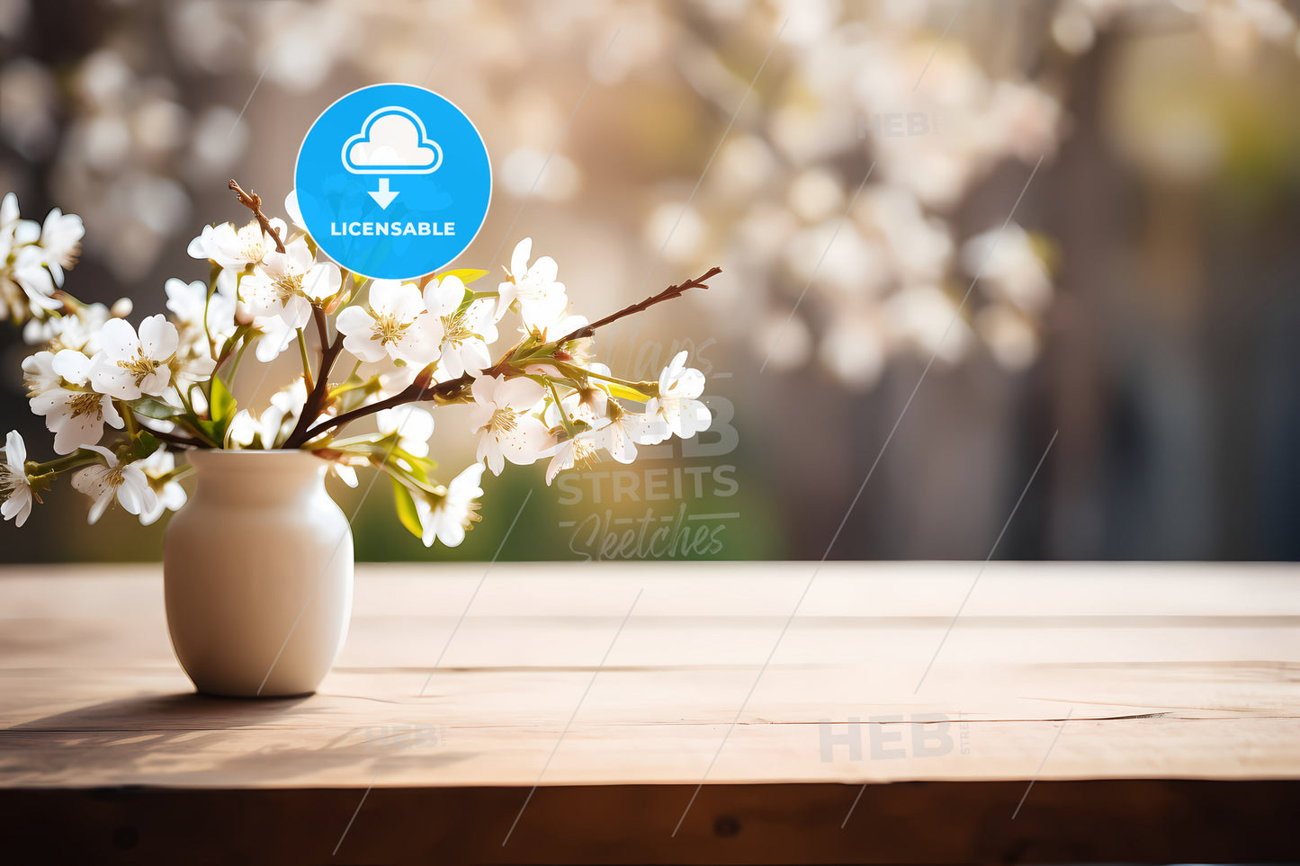 Wooden Table With Spring, A White Flowers In A Vase On A Wooden Table