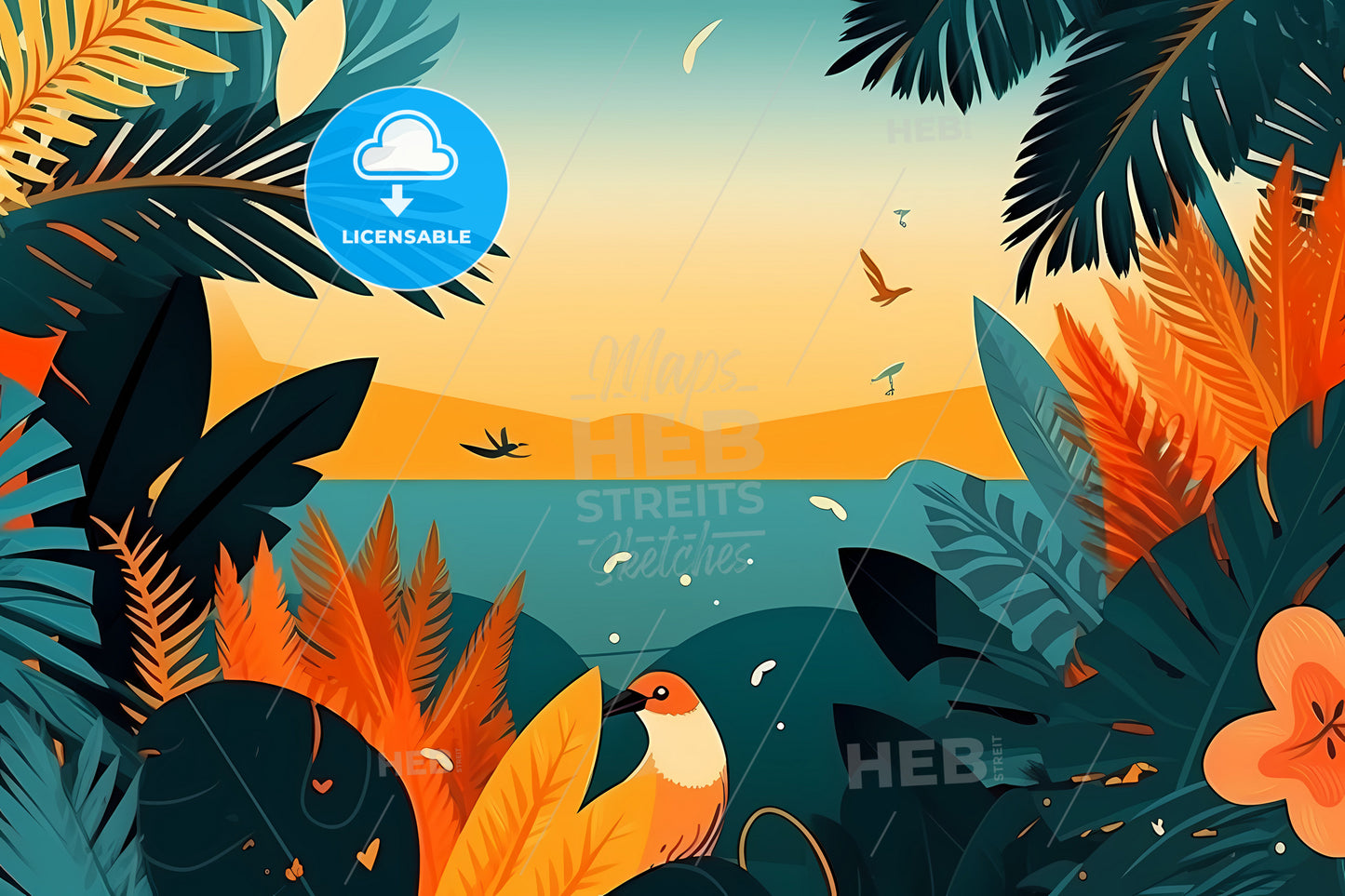 Summer Background With Copy Space, A Bird In A Tropical Forest