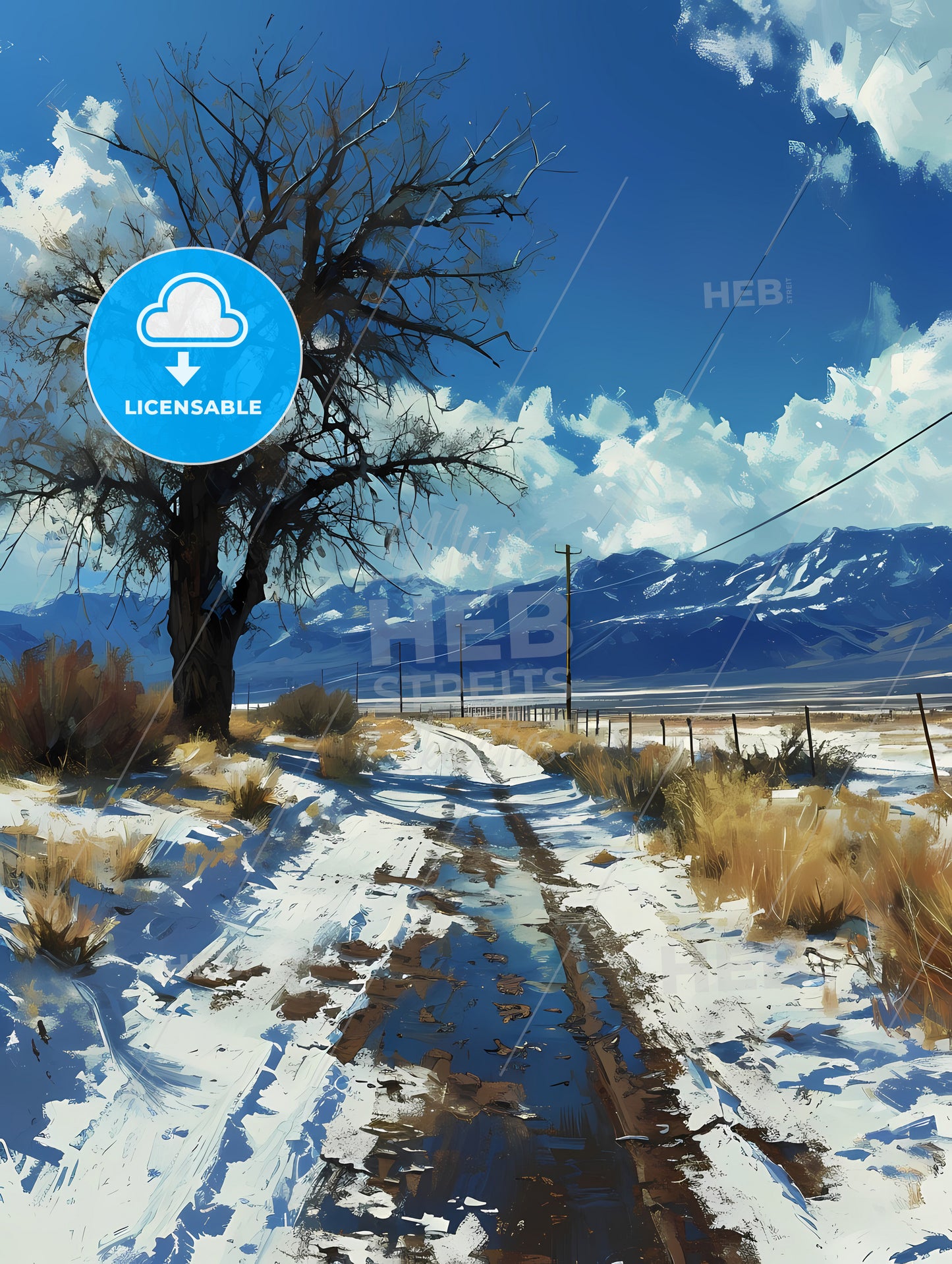 Winter Desert Day Landscape, A Snowy Road With A Tree And Mountains In The Background