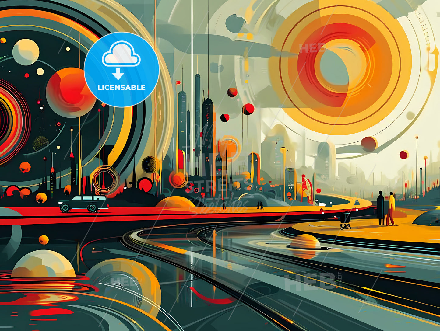 Geometric Patterns In Old Retro Style, A Road With Colorful Circles And Buildings