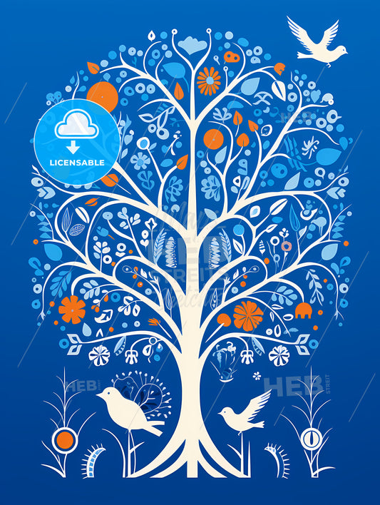 Silkscreened Stencil, A White Tree With Birds And Flowers