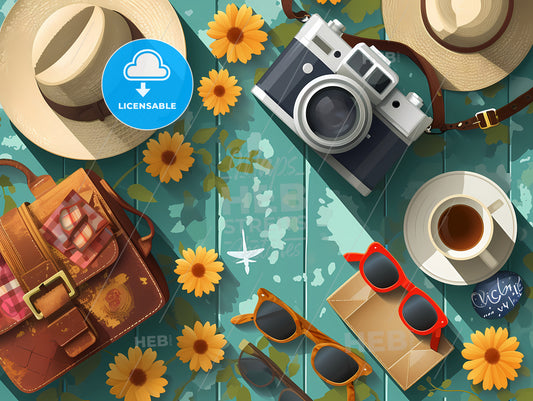 Vector Flat Travel Background, A Table With Hats And Sunglasses And A Camera