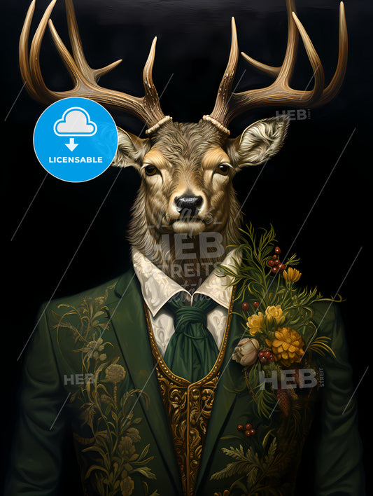 Tweed Tufas Art Stag Painting, A Deer With Antlers And A Suit