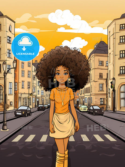 Cute Afro Girl, Cartoon Of A Woman Walking On A Street