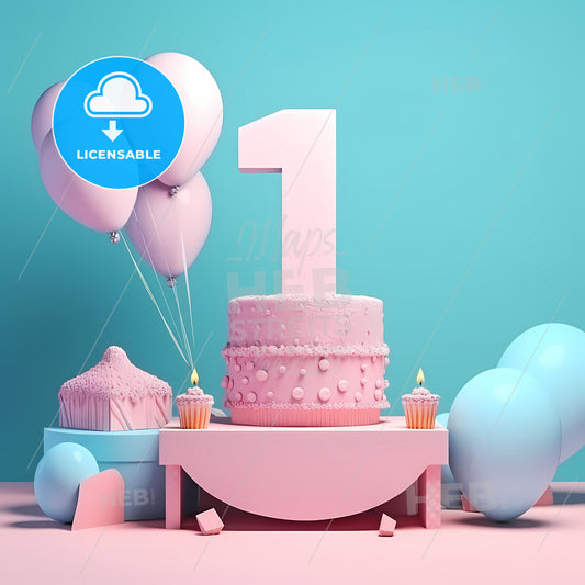Background Cupcake, A Pink Cake With A Number And Balloons