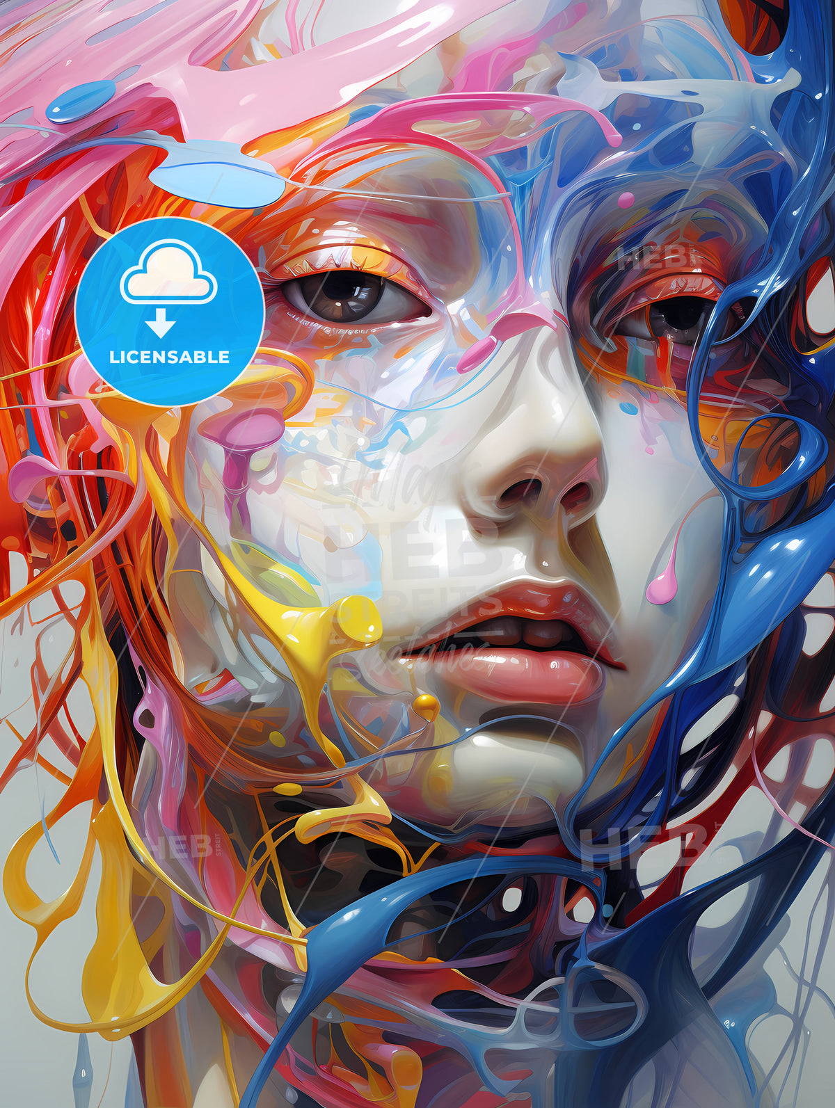 An Oil Painting, A Woman With Colorful Paint On Her Face