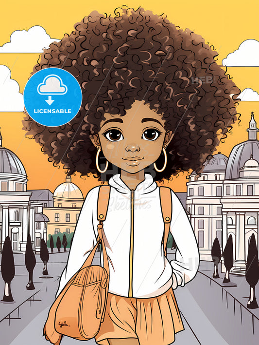 Cute Afro Girl, Cartoon Girl With Big Curly Hair And Large Bag