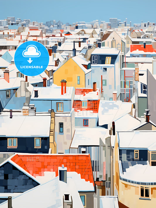 Snowy Urban Roofs Of Paris, A Group Of Buildings Covered In Snow