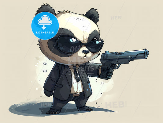An Illustration Of A Funny Mafioso Panda, Cartoon Panda In A Suit And Sunglasses Holding A Gun