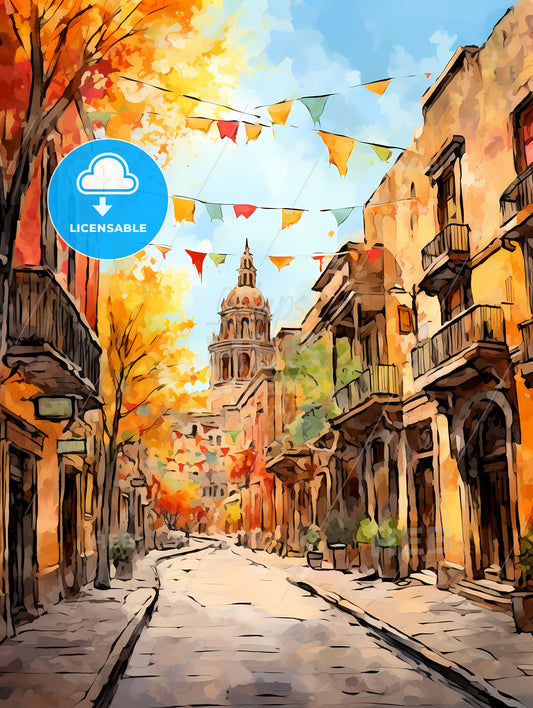 Cinco De Mayo Holiday, A Street With Flags And Buildings