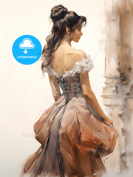 Rear View Of Woman With A Victorian Dress, A Woman In A Dress