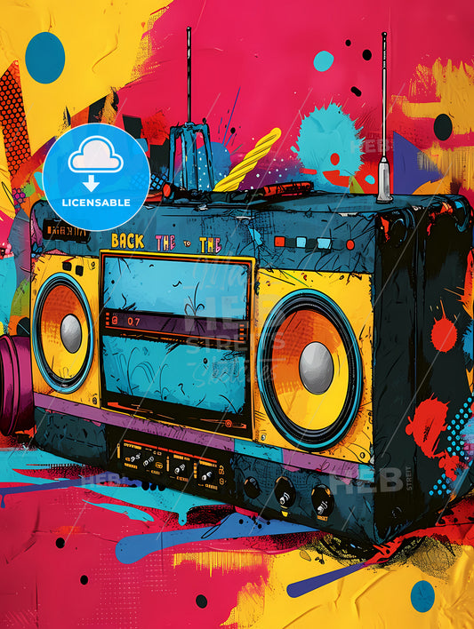 Back To The 80's - A Colorful Background, A Colorful Boom Box With Speakers