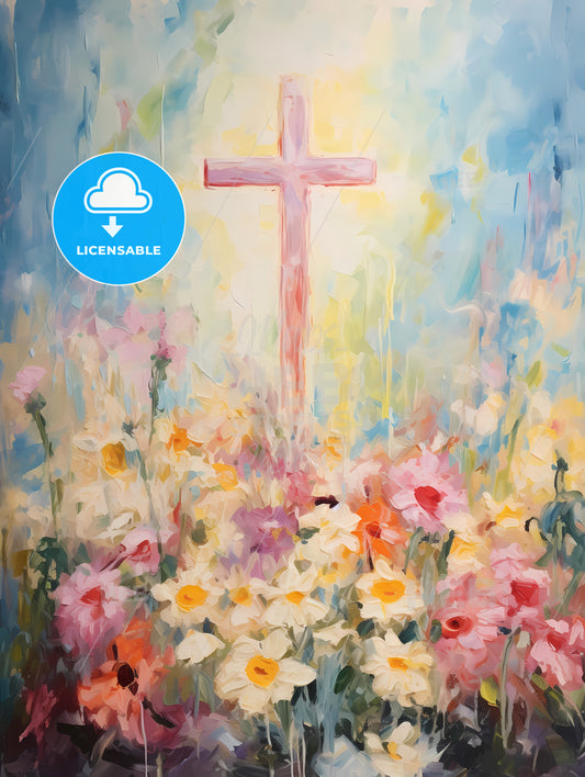 A Painting Of A Cross, A Painting Of A Cross In A Field Of Flowers