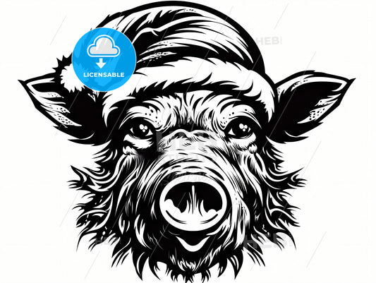 A Wild Boar With A Christmas Hat, A Black And White Drawing Of A Pig Wearing A Santa Hat