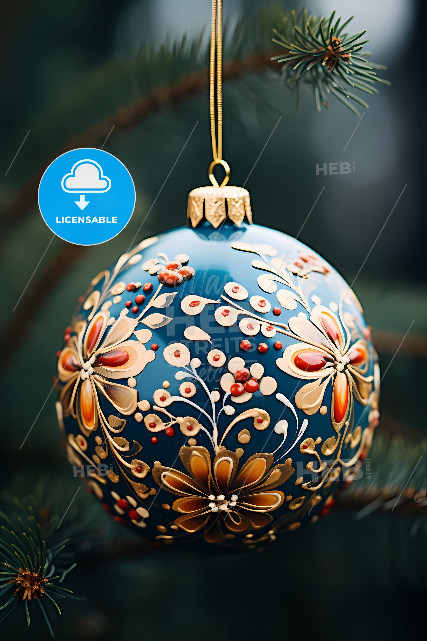 A Closeup Of A Christmas Bauble, A Blue And Gold Ornament On A Tree