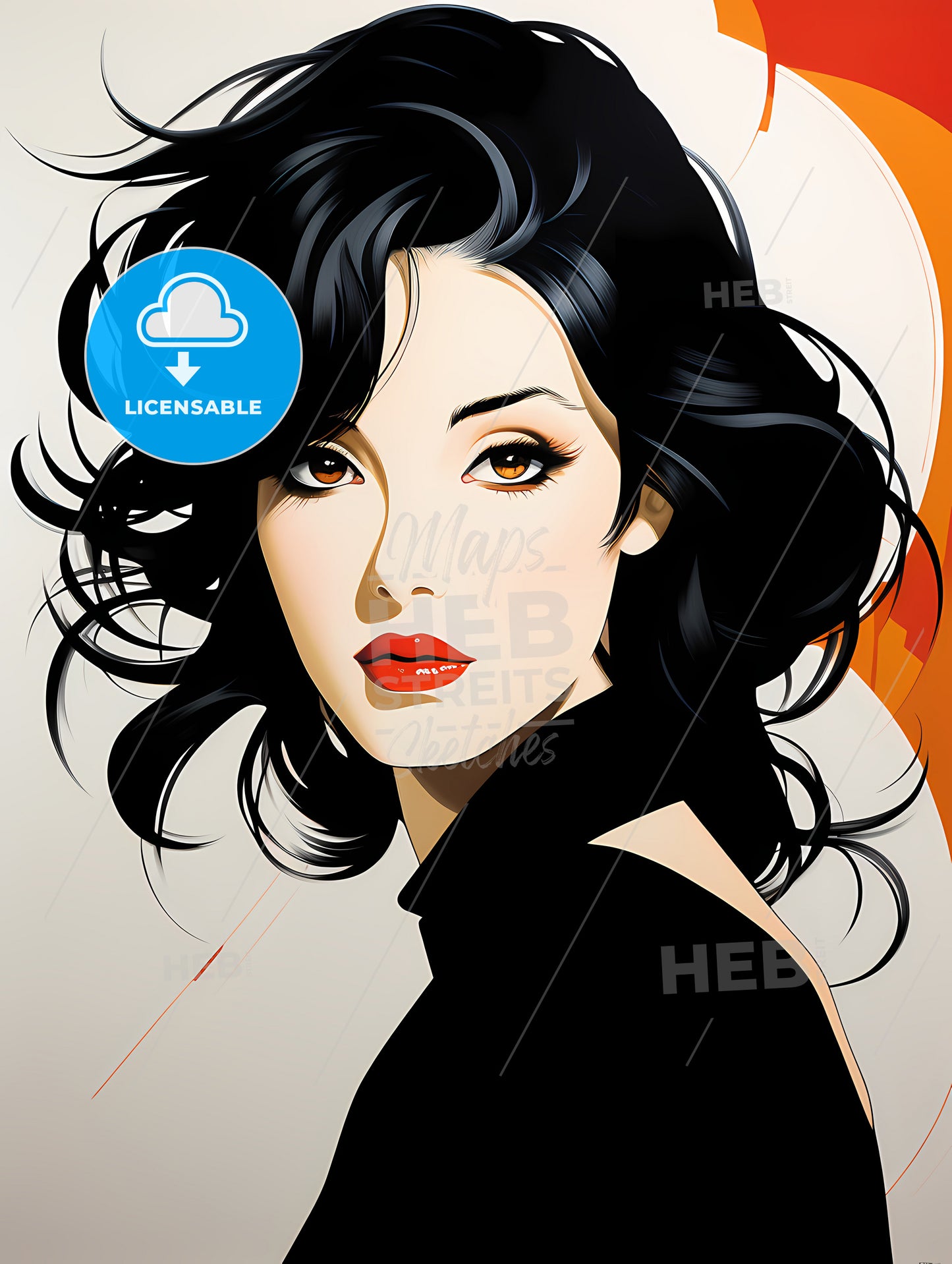 Illustration, A Woman With Black Hair And Red Lips