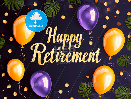 Happy Retirement Message With Gold Balloons, A Group Of Balloons And Leaves