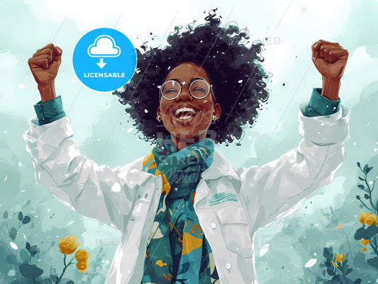 Black Man In A White Coat As A Chemistry Researcher, A Woman With Her Arms Up
